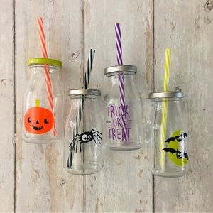 Halloween Mini Glass Milk Bottles with Straws